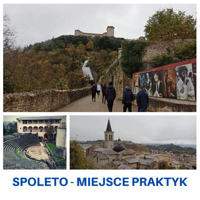 zdjęcia krajobrazów i napis: Spoleto - Miasto Praktyk