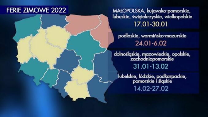 plakat promocyjny napis ferie zimowe 2022