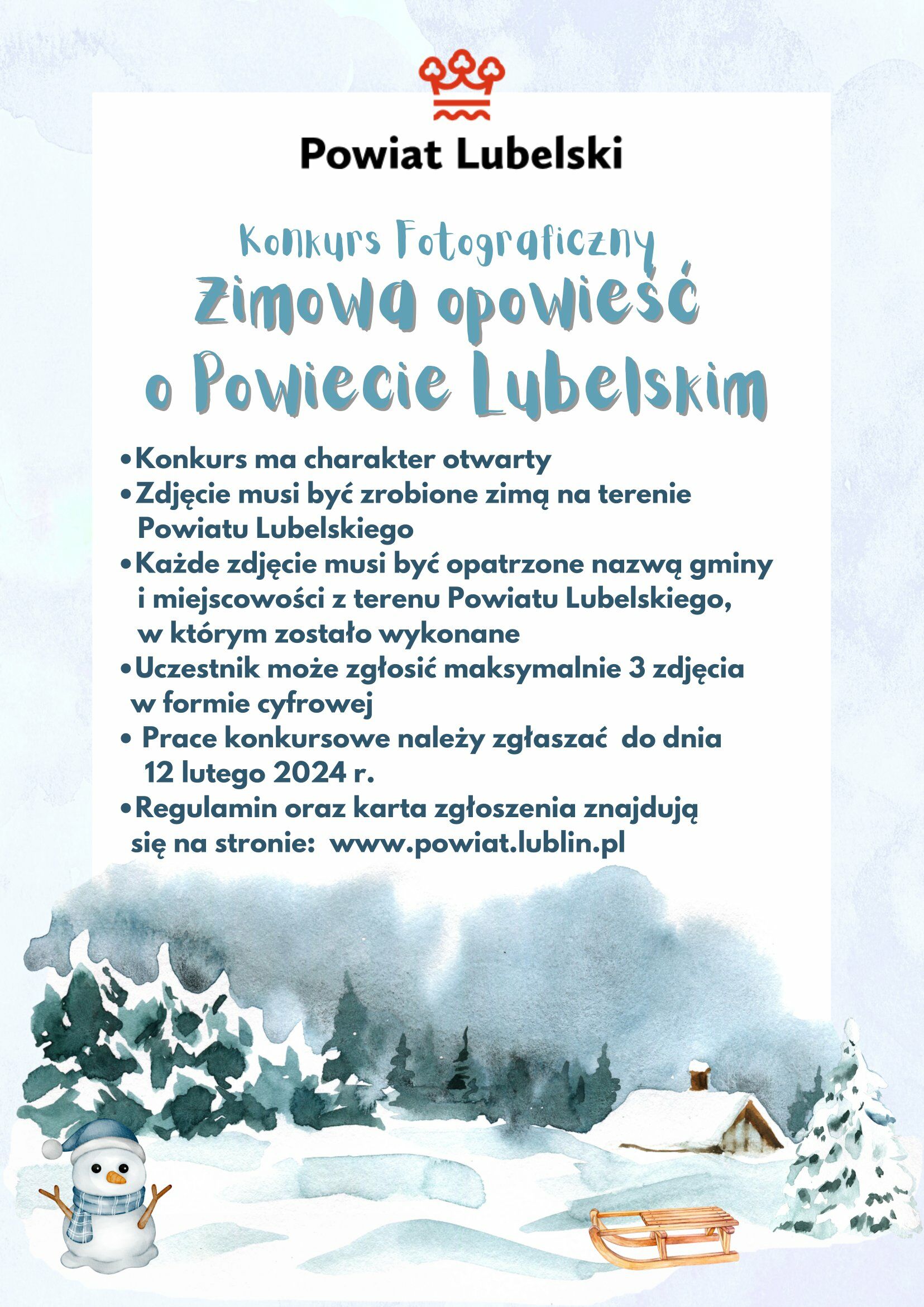 Plakat wydarzenia fotograficznego z zimową tematyką, tekstem w języku polskim oraz ilustracjami śniegu, drzew i sympatycznego bałwana.