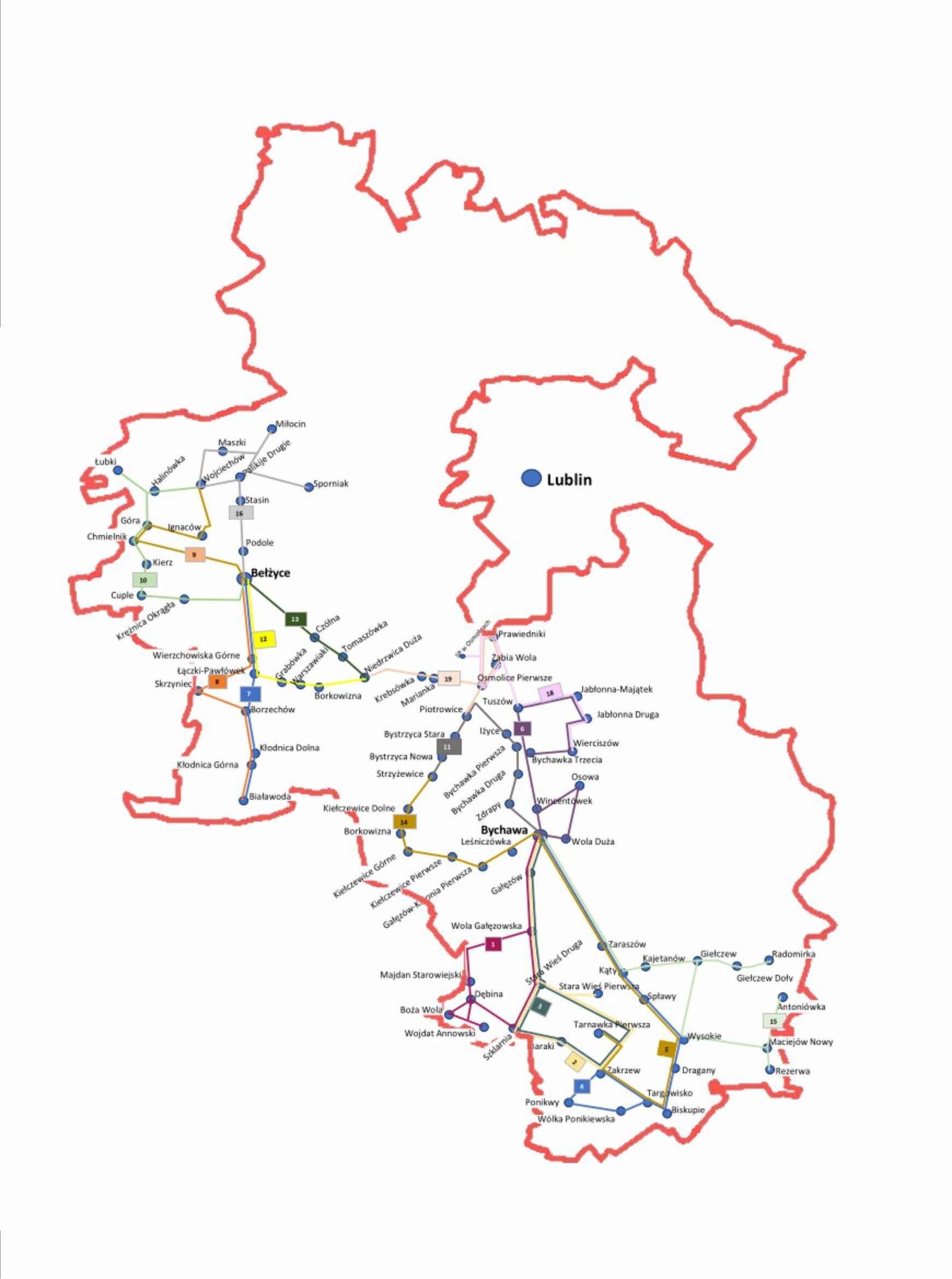 Mapa przedstawiająca system połączeń kolejowych w obrębie ogólnego zarysu granic z zaznaczonym miastem Lublin i kolorowymi liniami tras.