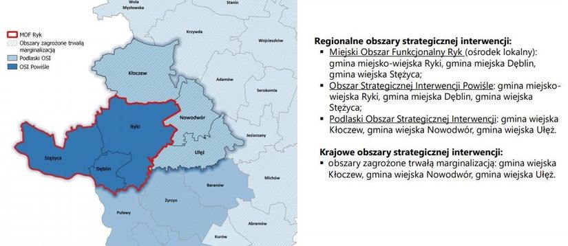 Mapa Powiatu ryckiego z napisami: Regionalne obszary strategicznej interwencji oraz Krajowe obszary strategicznej interwencji