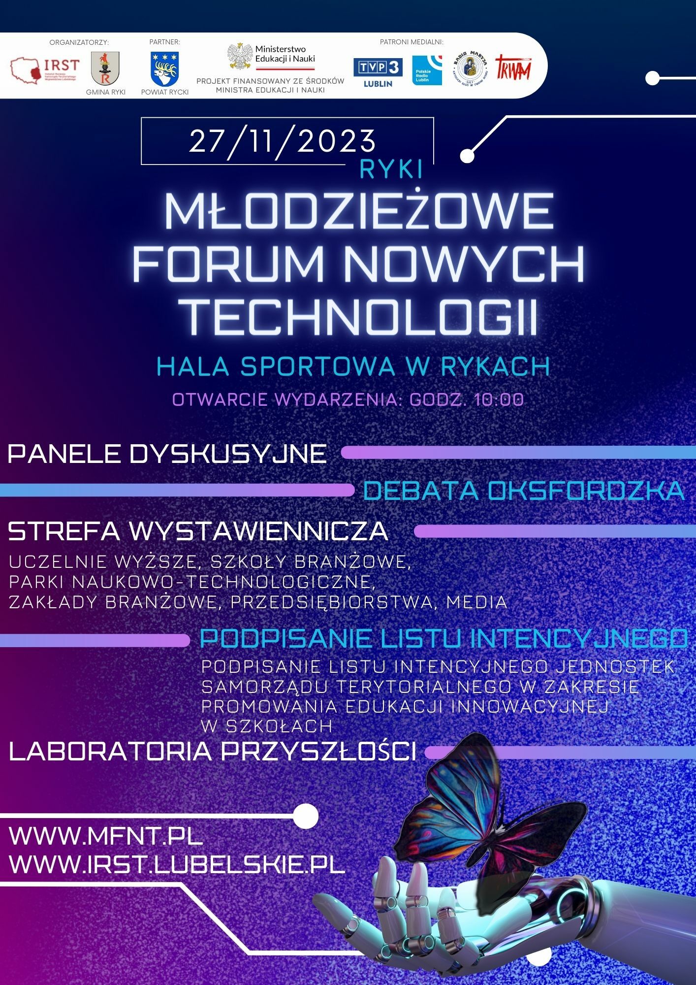 Plakat informacyjny o wydarzeniu "Młodzieżowe Forum Nowych Technologii" w hali sportowej w Rykach, z datą 27.11.2023 i różnymi panelami tematycznymi oraz linkiem do strony internetowej.