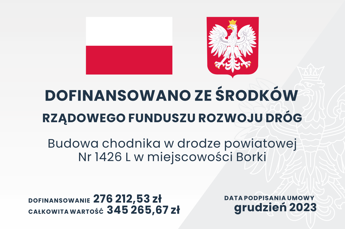Plakat informacyjny o dofinansowaniu z Rządowego Funduszu Rozwoju Dróg na budowę chodnika w Borkach, z kwotą dofinansowania i całkowitą wartością projektu, datą podpisania umowy i grafiką flagi Polski oraz godła.