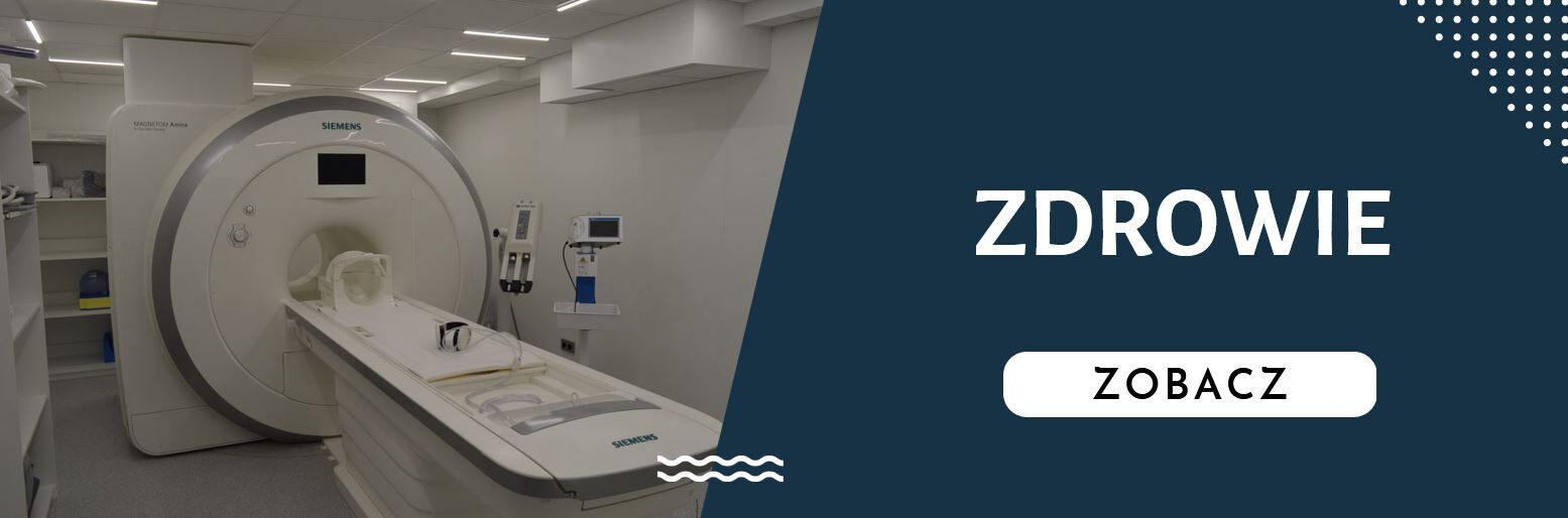 Baner o tematyce zdrowotnej z aparatem do rezonansu magnetycznego marki Siemens w jasnym pomieszczeniu szpitalnym, obok napis "ZDROWIE" i przycisk "ZOBACZ".