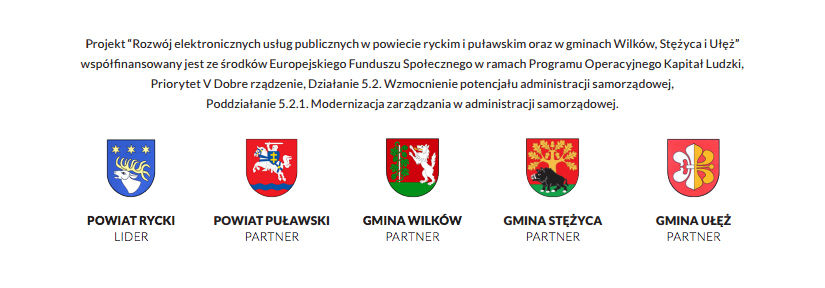 Logotypy Powiat Rycki Powiat Puławski Gmina Wilków Gmina Stężyca Gmina Ułęż