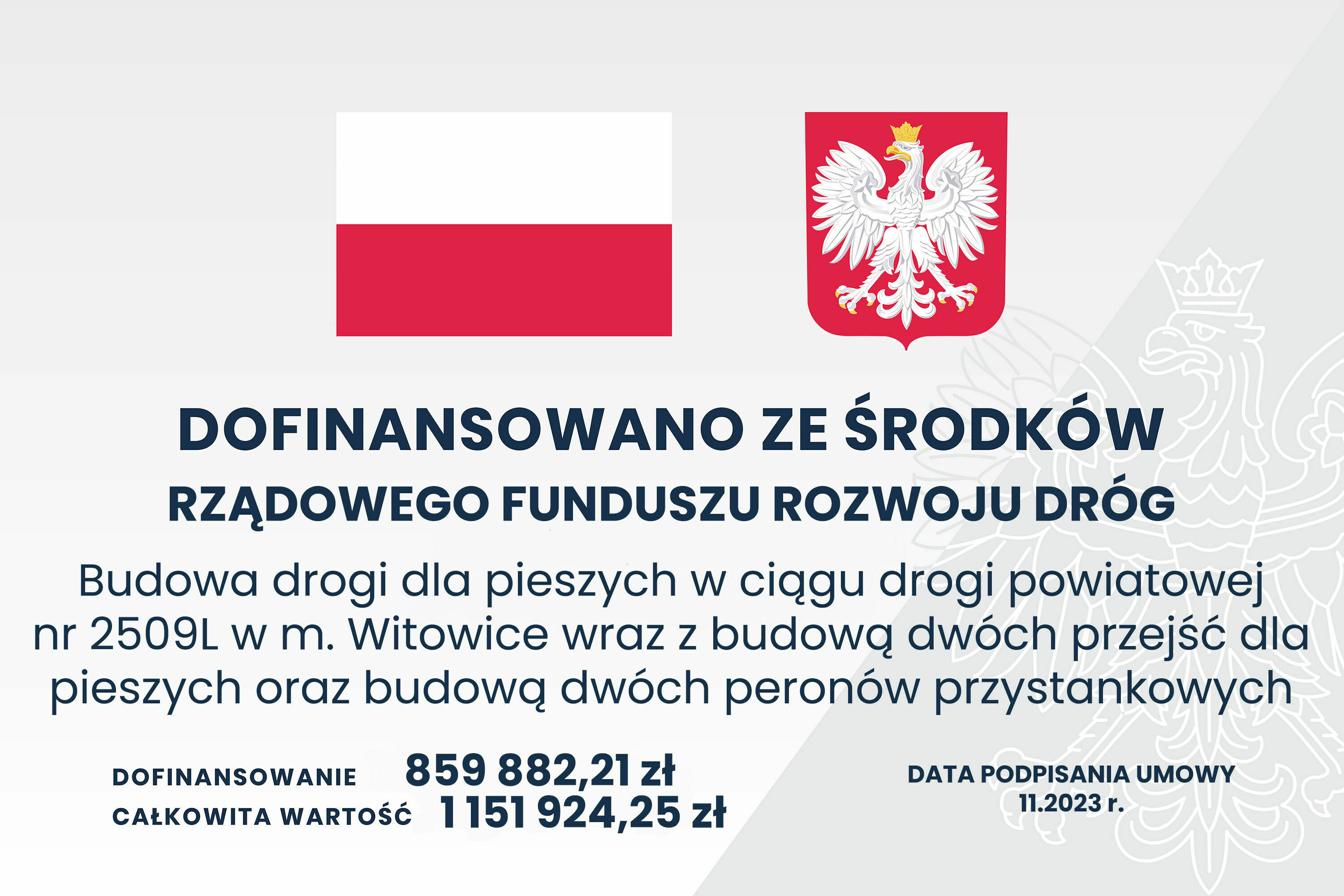 Infografika z polskimi symbolami narodowymi i informacjami o dofinansowaniu budowy drogi z funduszu rządowego, wskazując kwoty i datę umowy.