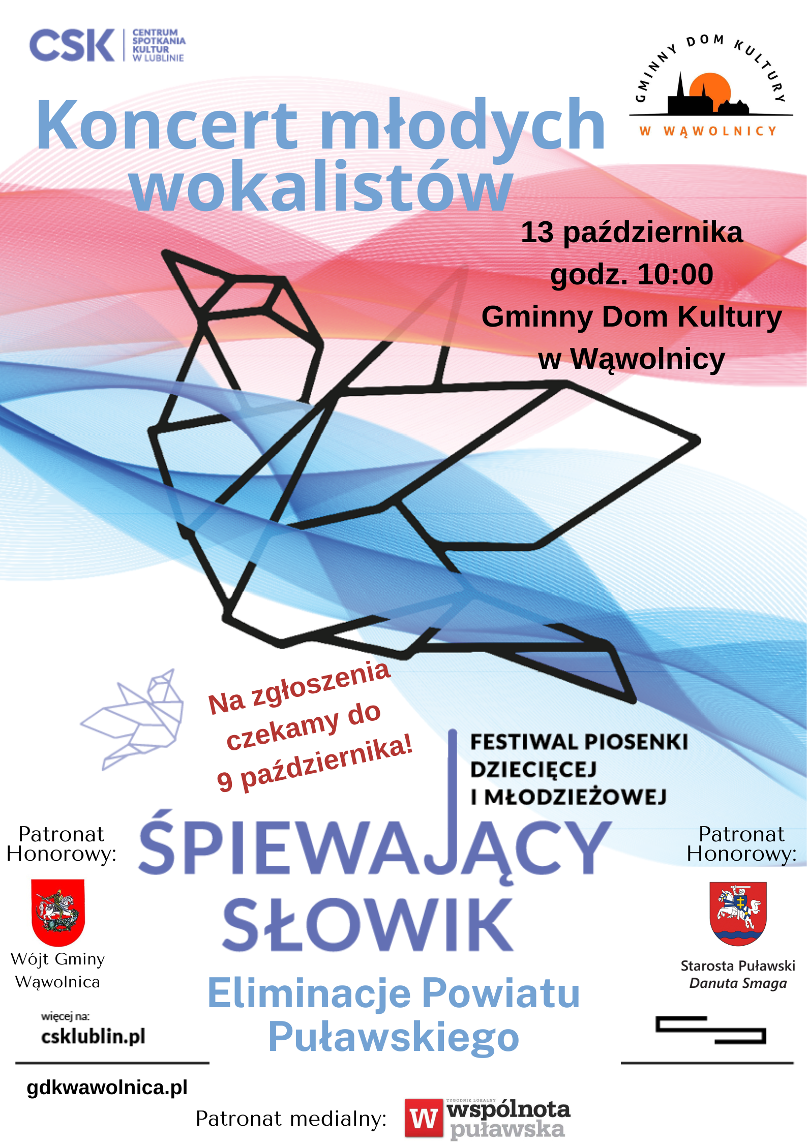 Plakat koncertu młodych talentów CSKI z wzorem origami, informacjami o wydarzeniu, współorganizatorach i sponsorach.