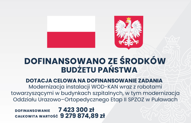 Zdjęcie przedstawia grafikę z polskimi symbolami narodowymi i informacją o dofinansowaniu z budżetu państwa, podane są kwoty i cel dotacji.