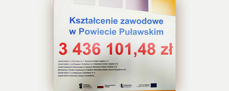 Plakat informacyjny o kwocie 3 436 101,48 zł przeznaczonej na kształcenie zawodowe w Powiecie Puławskim, zawierający listę beneficjentów.