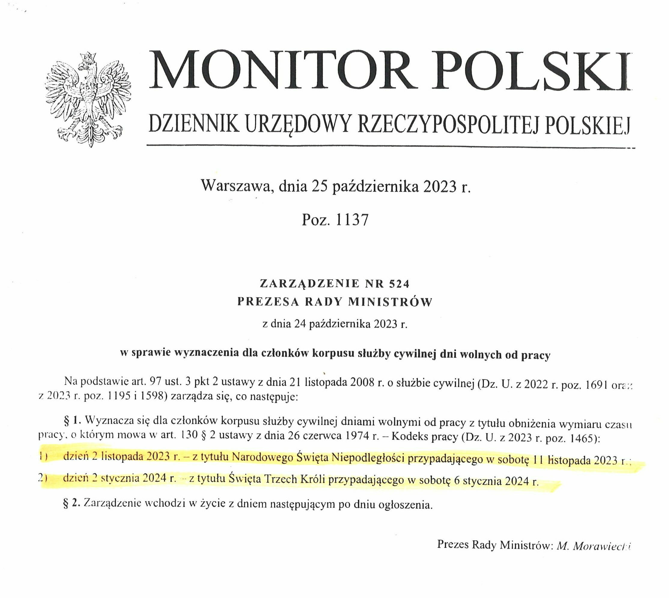 Zarządzenie Prezesa Rady Ministrów w sprawie wyznaczenia dla członków korpusu służby cywilnej dni wolnych od pracy z tytułu Święta Niepodległości i Święta Trzech Króli przypadających w sobotę 2 listopada bieżącego i 2 stycznia przyszłego roku Biuro Paszportowe w Puławach będzie nieczynne.