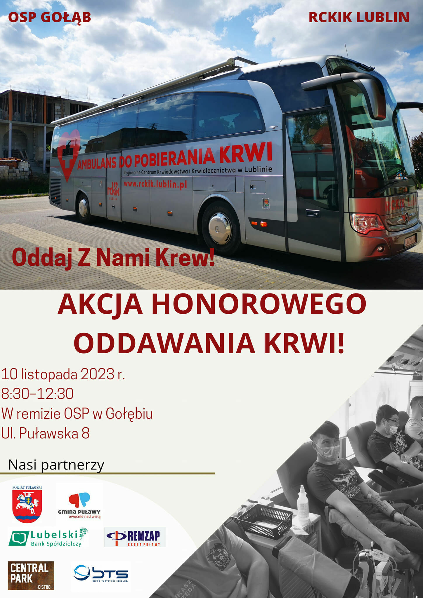 Akcja honorowego oddawania krwi, Remiza OSP w Gołębiu, 10 listopada 2023 r. od godz. 8:30