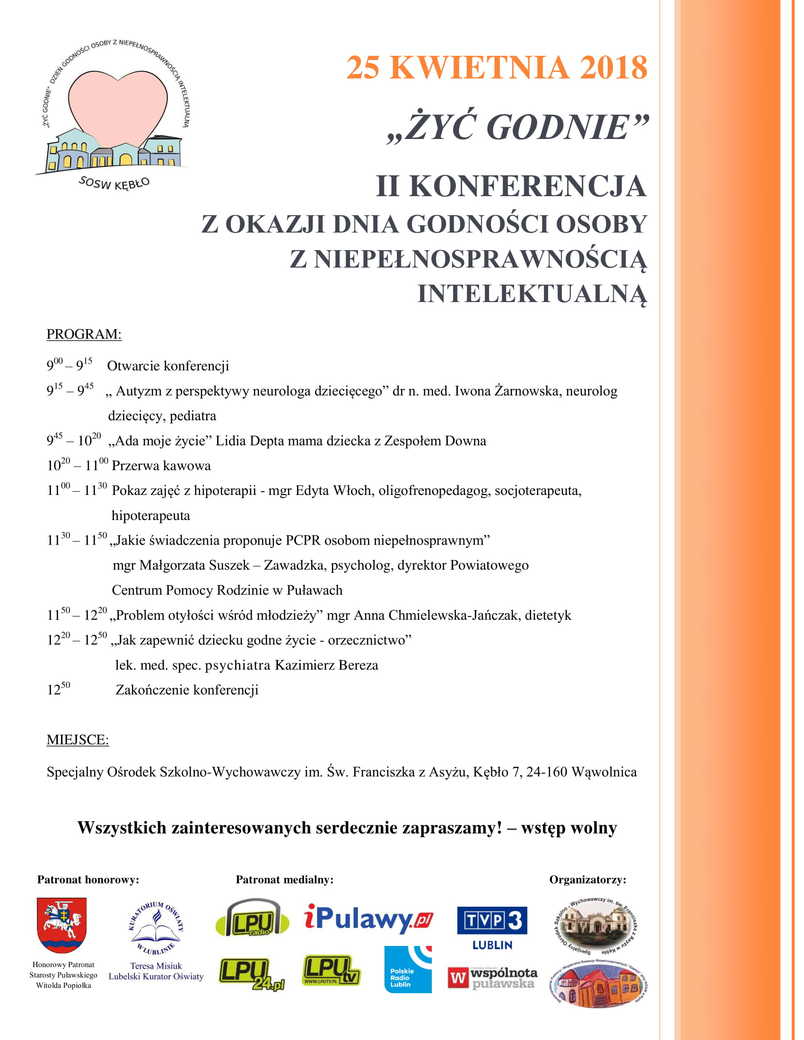 Plakat informacyjny o konferencji, biały, pomarańczowy, loga patrona i organizatora
