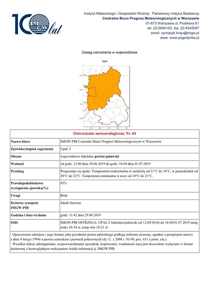 Ostrzeżenie meteorologiczne Nr 44