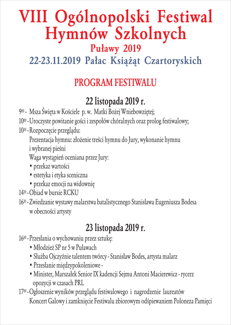 Ogólnopolski Festiwal Hymnów Szkolnych Puławy 2019