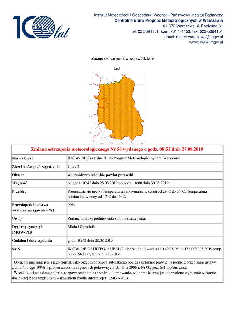 Zmiana ostrzeżenia meteorologicznego Nr 56 wydanego o godz. 08:52 dnia 27.08.2019
