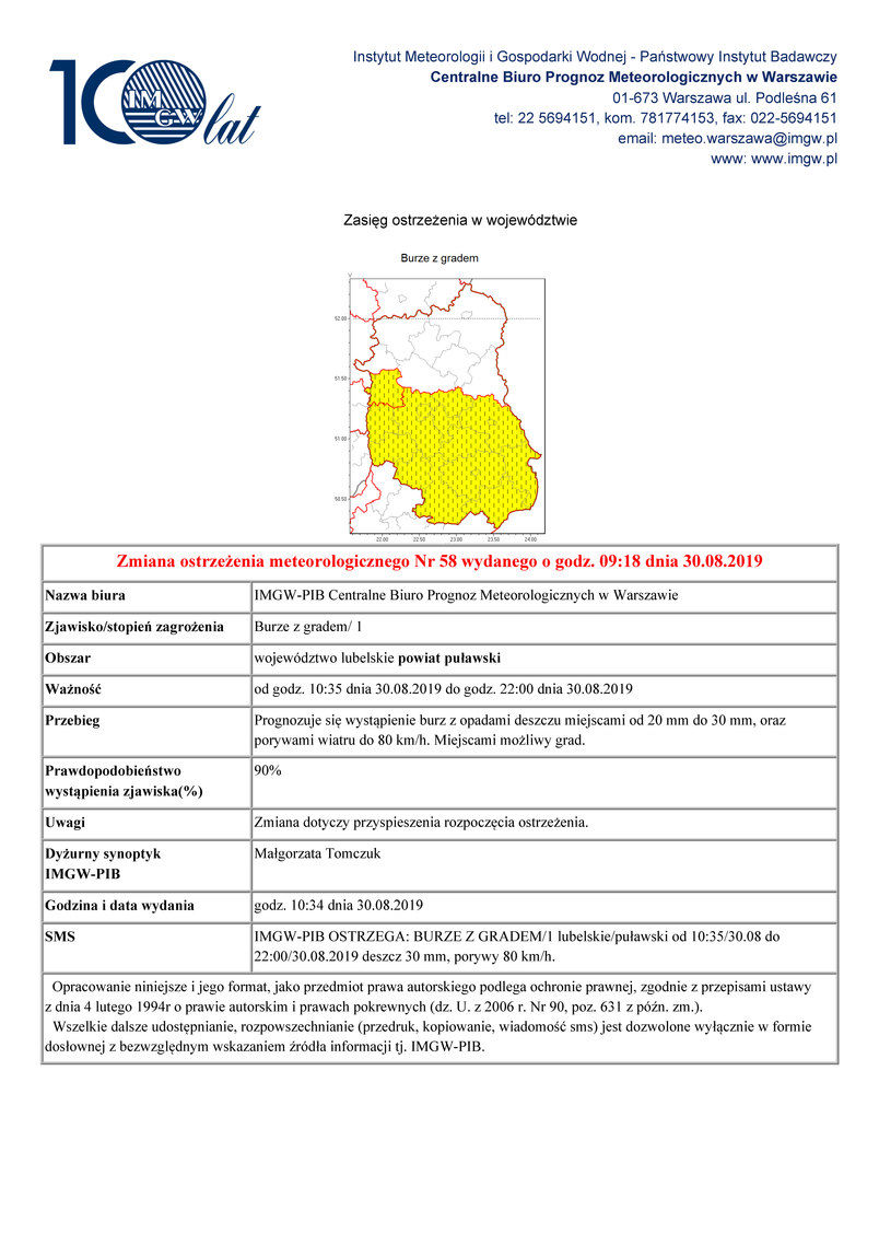 Zmiana ostrzeżenia meteorologicznego Nr 58 wydanego o godz. 09:18 dnia 30.08.2019