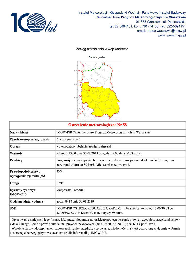 Ostrzeżenie meteorologiczne Nr 58