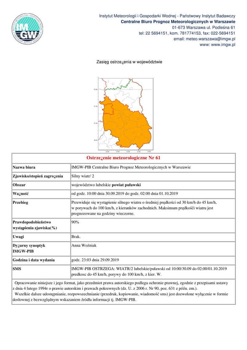 Ostrzeżenie meteorologiczne Nr 61