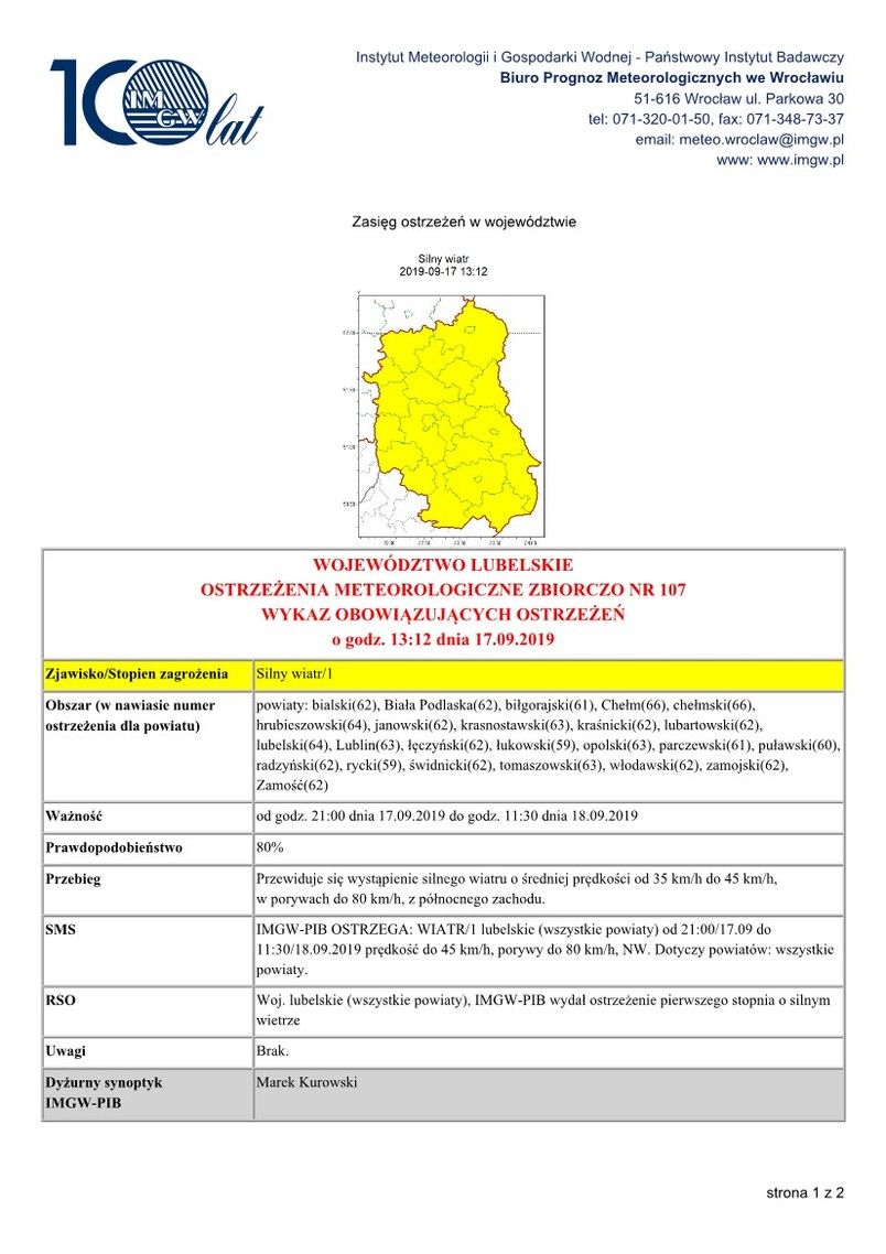 OSTRZEŻENIA METEOROLOGICZNE ZBIORCZO NR 107