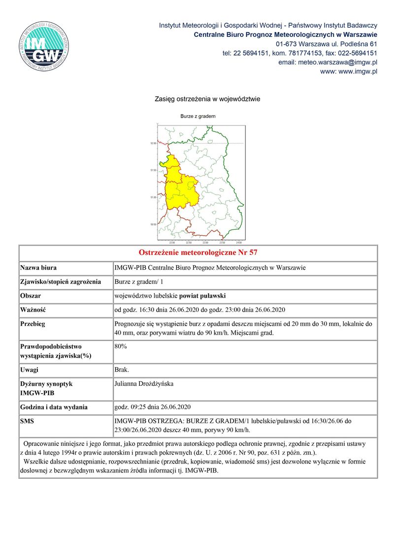 Ostrzeżenie meteorologiczne Nr 57