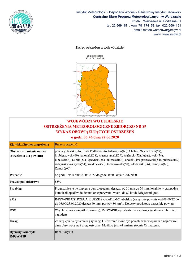 OSTRZEŻENIA METEOROLOGICZNE ZBIORCZO NR 89