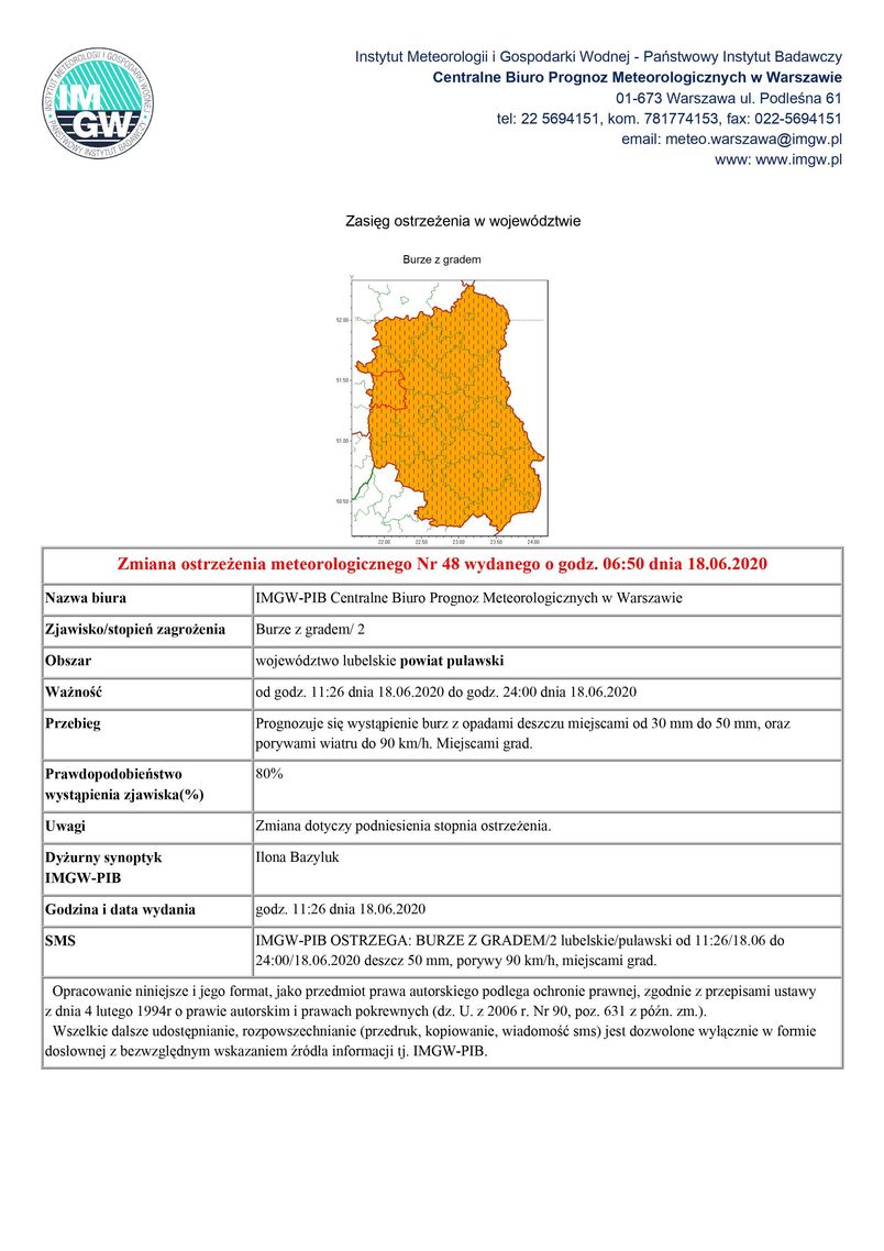 Zmiana ostrzeżenia meteorologicznego Nr 48 wydanego o godz. 06:50 dnia 18.06.2020