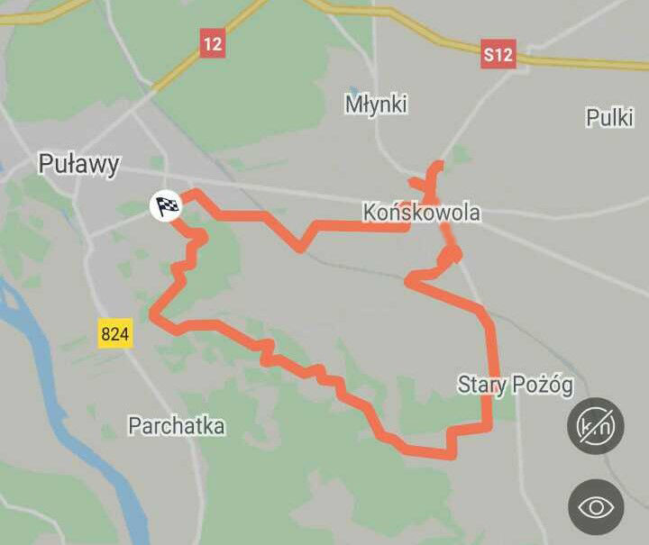 Mapa rowerowego przejazdu Puławy - Pożóg - Końskowola - Puławy