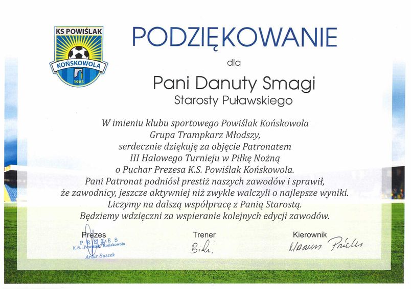 Podziękowanie dla Starosty Puławskiego Danuty Smagi od Klubu Sportowego Powiślak Końskowola