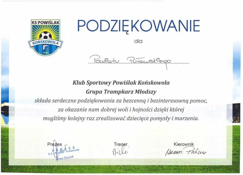 Podziękowanie dla Powiatu Puławskiego od Klubu Sportowego Powiślak Końskowola