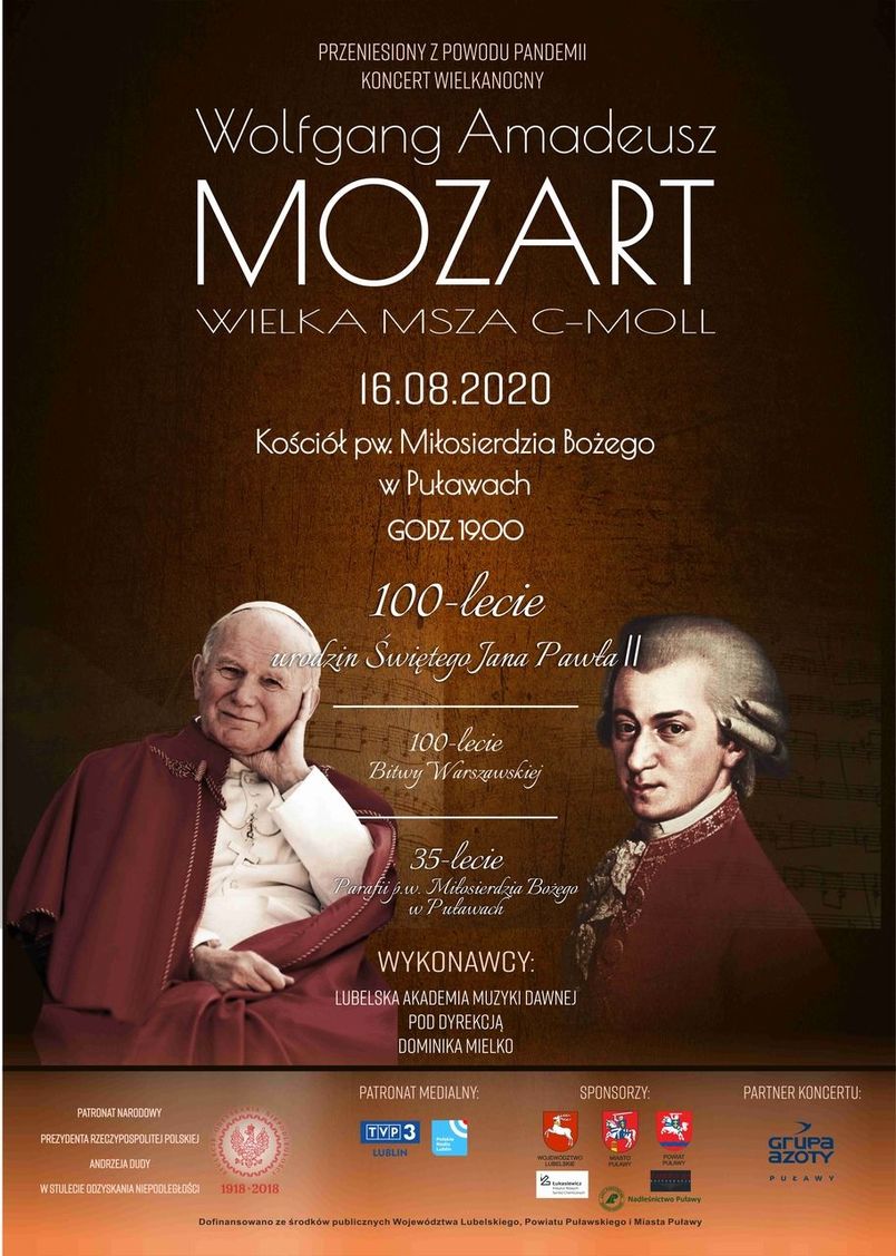 Koncert Wielkanocny Wolfgang Amadeusz Mozart 16.08.2020 r. godz. 19.00 Puławy Parafia Miłosierdzia Bożego