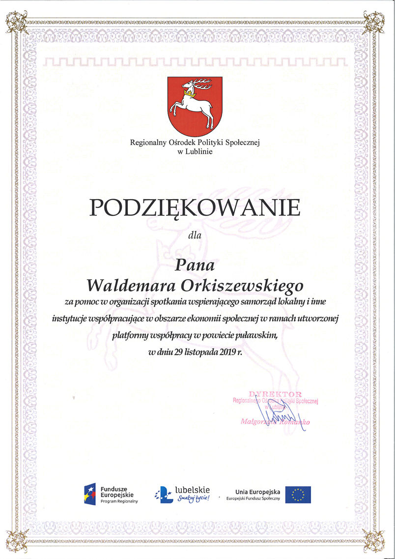 Podziękowanie dla sekretarza powiatu Waldemara Orkiszewskiego za pomoc w organizacji spotkania dot. ekonomii społecznej