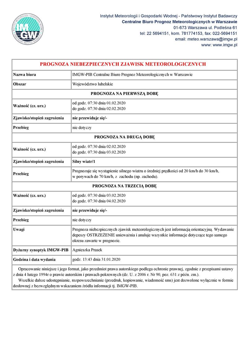 PROGNOZA NIEBEZPIECZNYCH ZJAWISK METEOROLOGICZNYCH