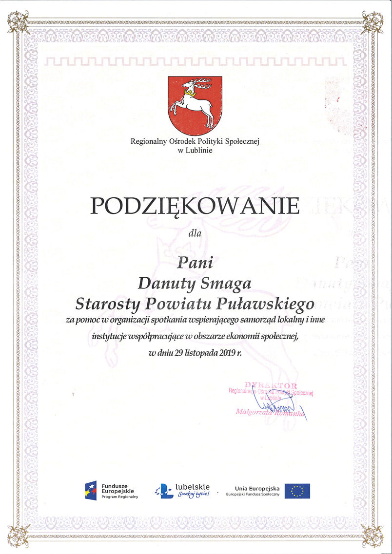 Podziękowanie dla starosty Danuty Smagi zapomoc w organizacji spotkania dot. ekonomii społecznej