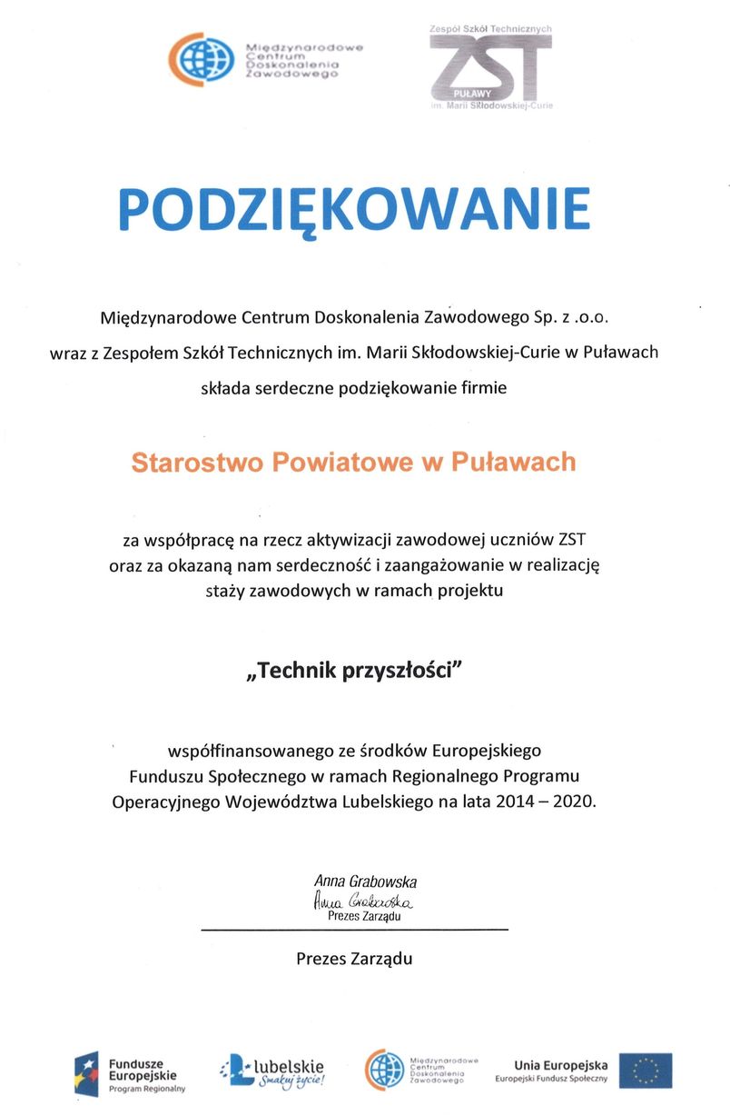 Podziękowanie dla Starostwa Powiatowego w Puławach od MCDZ Sp. z o.o. i ZST w Puławach za współpracę dotyczącą aktywizacji zawodowej uczniów.