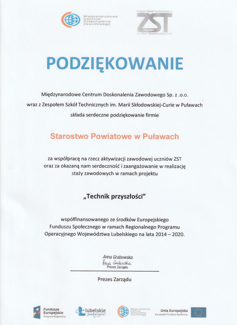 Dyplom z podziękowaniem dla Starostwa Powiatowego w Puławach za współpracę w ramach projektu 