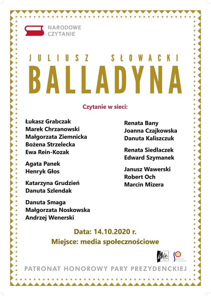Narodowe Czytanie 2020 - Balladyna Juliusza Słowackiego 14 paźiernika 2020, media społecznościowe, patronat honorowy Pary Prezydenckiej