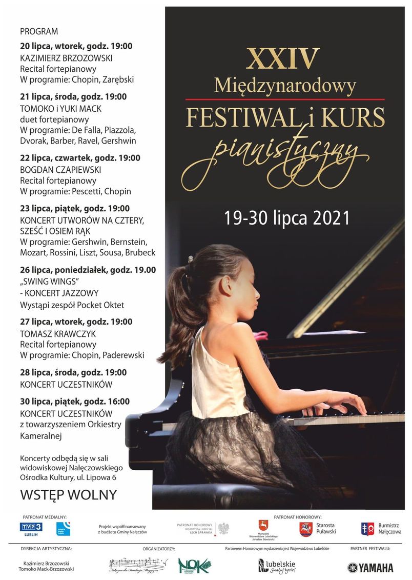 XIV Międzynarodowy Festiwal i Kurs Pianistyczny w Nałęczowie, W dniach 19-30 lipca 2021 r. salę widowiskową Nałęczowskiego Ośrodka Kultury wypełnią dźwięki najpiękniejszych utworów w wykonaniu młodych artystów z całego świata. Patronat honorowy nad festiwalem objęli marszałek województwa lubelskiego Jarosław Stawiarski oraz starosta puławski Danuta Smaga. Serdecznie zapraszamy!