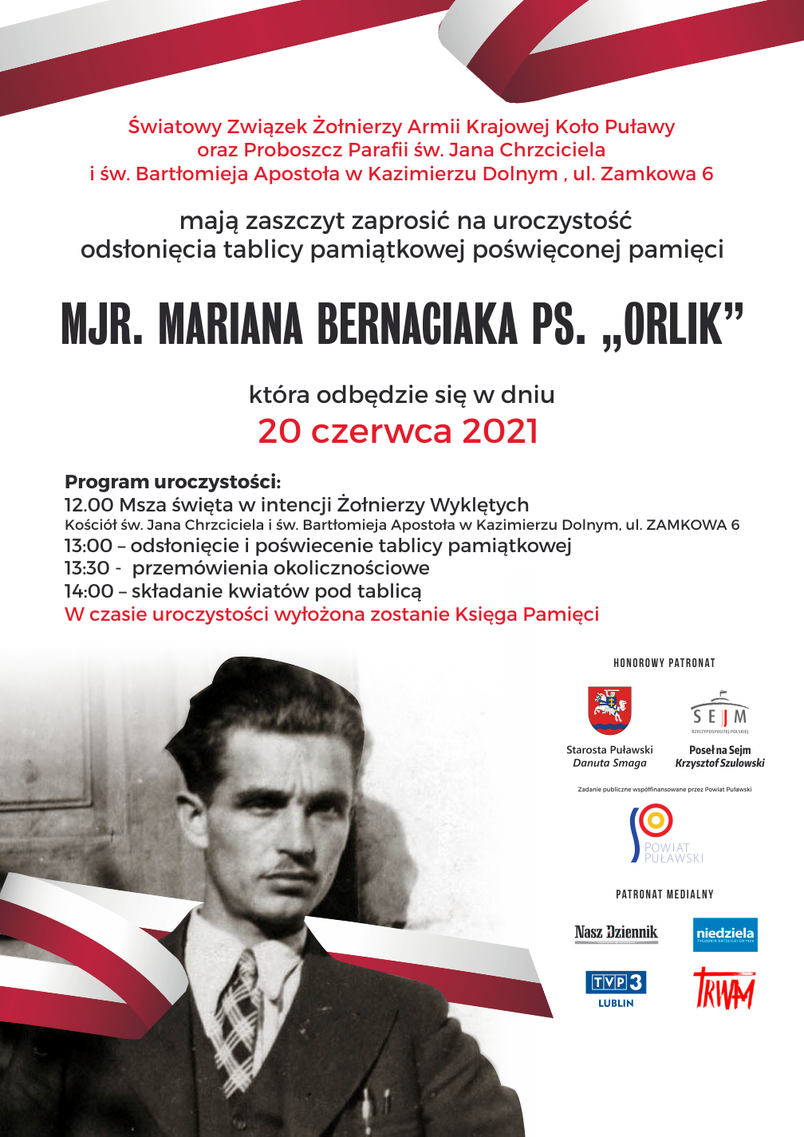 Zaproszenie od Związku AK na odsłonięcie tablicy poświęconej majorowi Bernaciakowi, 20 czerwca 2021 Puławy