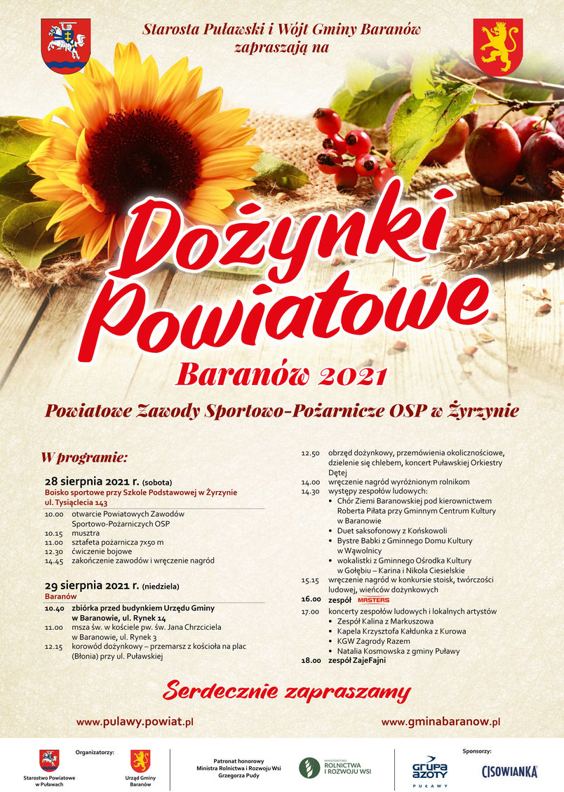 Dożynki Powiatowe Baranów i Powiatowe Zawody Sportowo-Pożarnicze OSP. Plakat