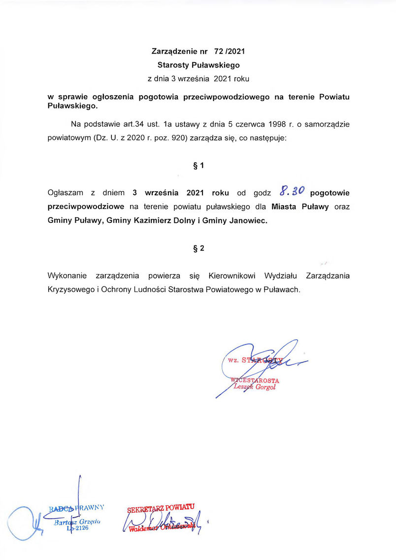 Zarządzenie Nr 72-2021 - wdc - w spr. ogłoszenia pogotowia przeciwpowodziowego na terenie Powiatu Puławskiego