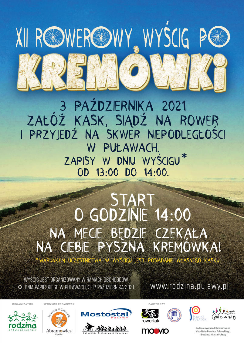 XII Rowerowym Wyścigu po Kremówki, 3 października 2021 r., start 14.00 Skwer Niepodległości, zapisy - 13.00-14.00. W tle niebo