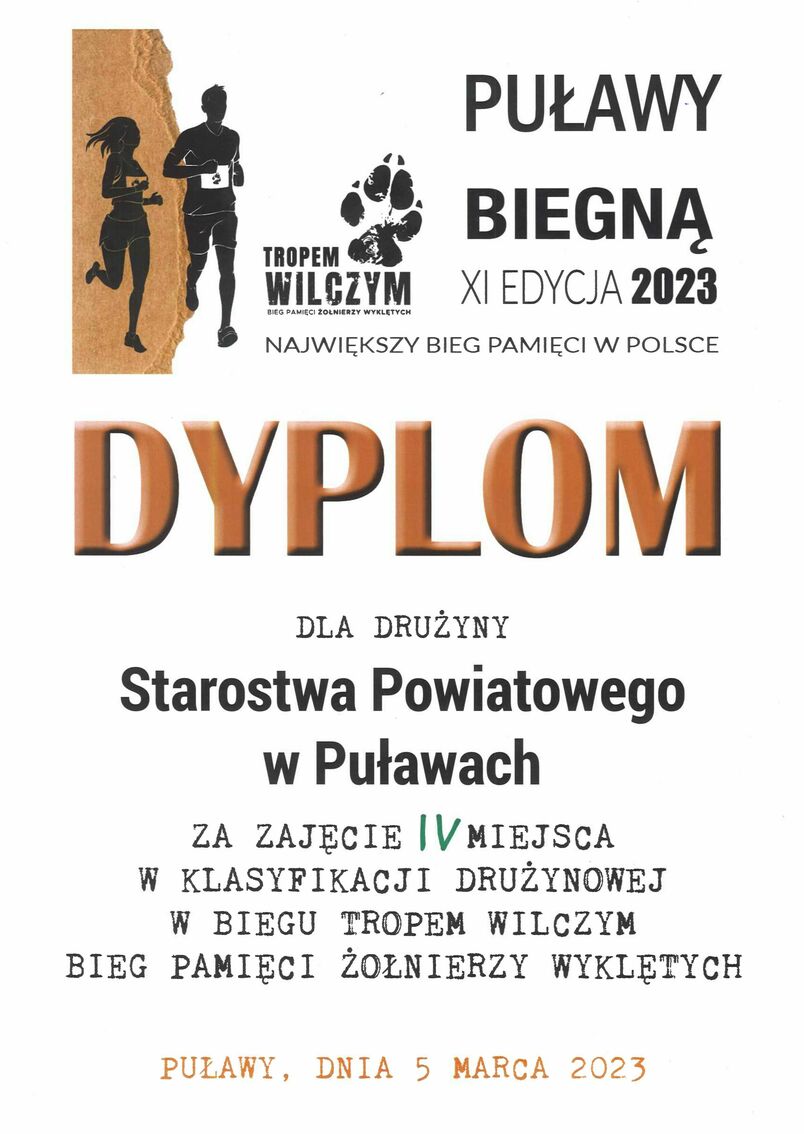Dyplom dla drużyny Starostwa Powiatowego w Puławach za zajęcie IV miejsca w Biegu Pamięci Żołnierzy Wyklętych