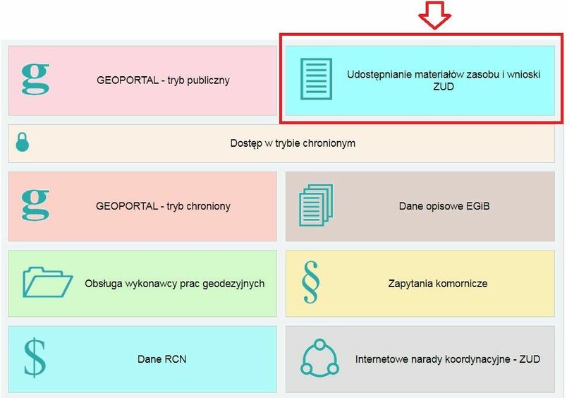 Aby pobrać mapę ewidencyjną w formie elektronicznej należy wybrać, w oknie głównym geoportalu  kafelek ,, Udostępnienie materiałów zasobu i wnioski ZUD”.