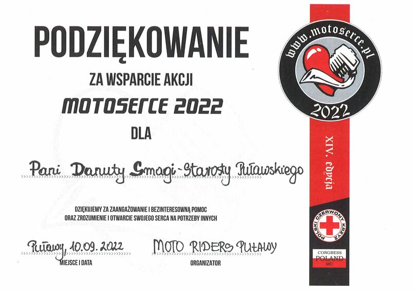 Podziękowania za wsparcie akcji Motoserce