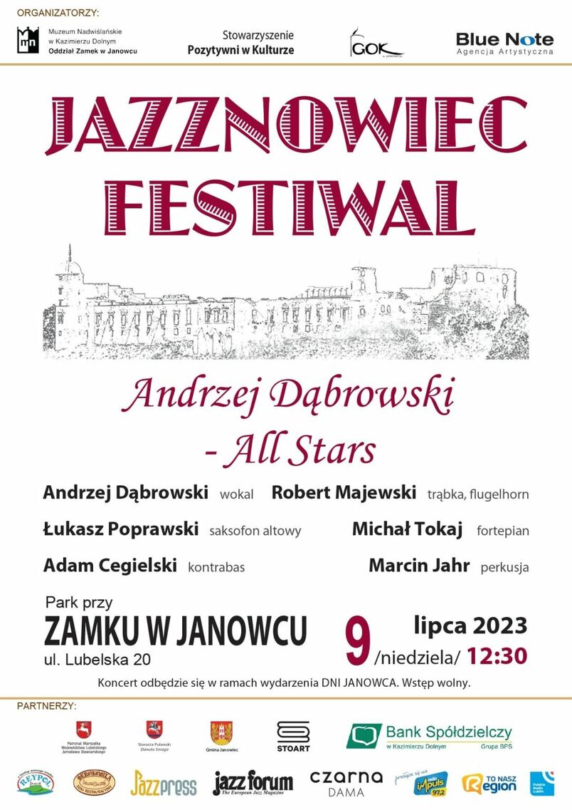 Park przy Zamku w Janowcu na niezwykle klimatyczny koncert - Andrzej Dąbrowski – All Stars!  Wydarzenie odbędzie się w niedzielę 9 lipca o godzinie 12:30.  Realizacja odbędzie się w ramach wydarzenia Dni Janowca 2023. Wstęp wolny. Podczas koncertu wokaliście towarzyszyć będą czołowi polscy muzycy jazzowi: Robert Majewski – trąbka, flugelhorn, Łukasz Poprawski – saksofon altowy, Michał Tokaj – fortepian, Adam Cegielski – kontrabas, Marcin Jahr – perkusja.