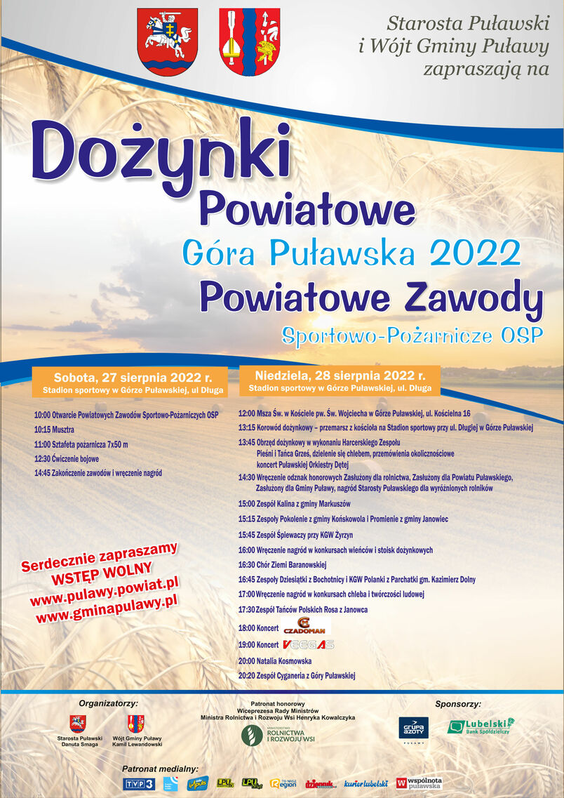 Plakat Dożynki Powiatowe Góra Puławska 2022 oraz Powiatowe Zawody Sportowo-Pożarnicze OSP