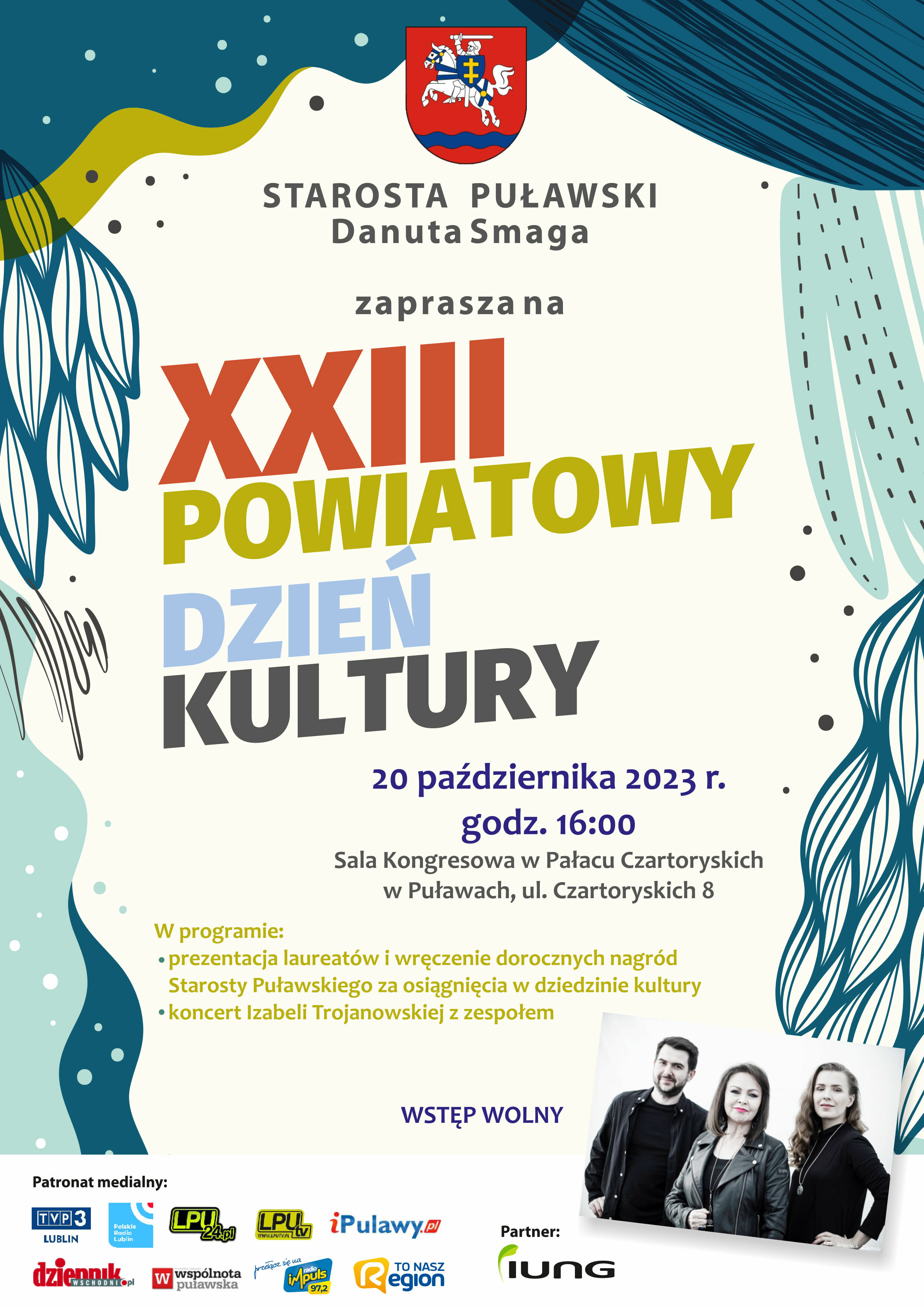 Plakat zapraszający na XX Powiatowy Dzień Kultury w Puławach z graficznymi elementami, tekstem i zdjęciami organizatorów.