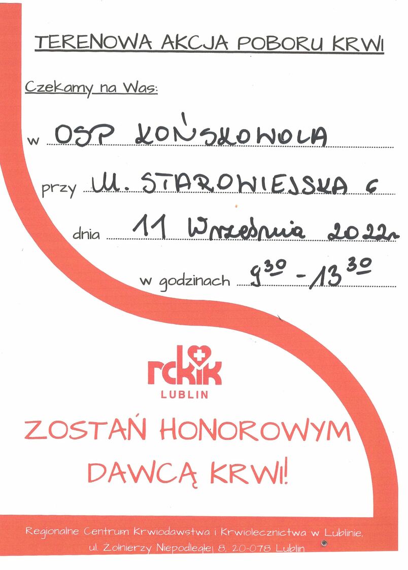 Ochotnicza Straż Pożarna w Końskowoli zachęca do udziału w zbiórka krwi - 11 września w godz. 9:30 - 13:30 w siedzibie OSP przy ul. Starowiejskiej w Końskowoli.