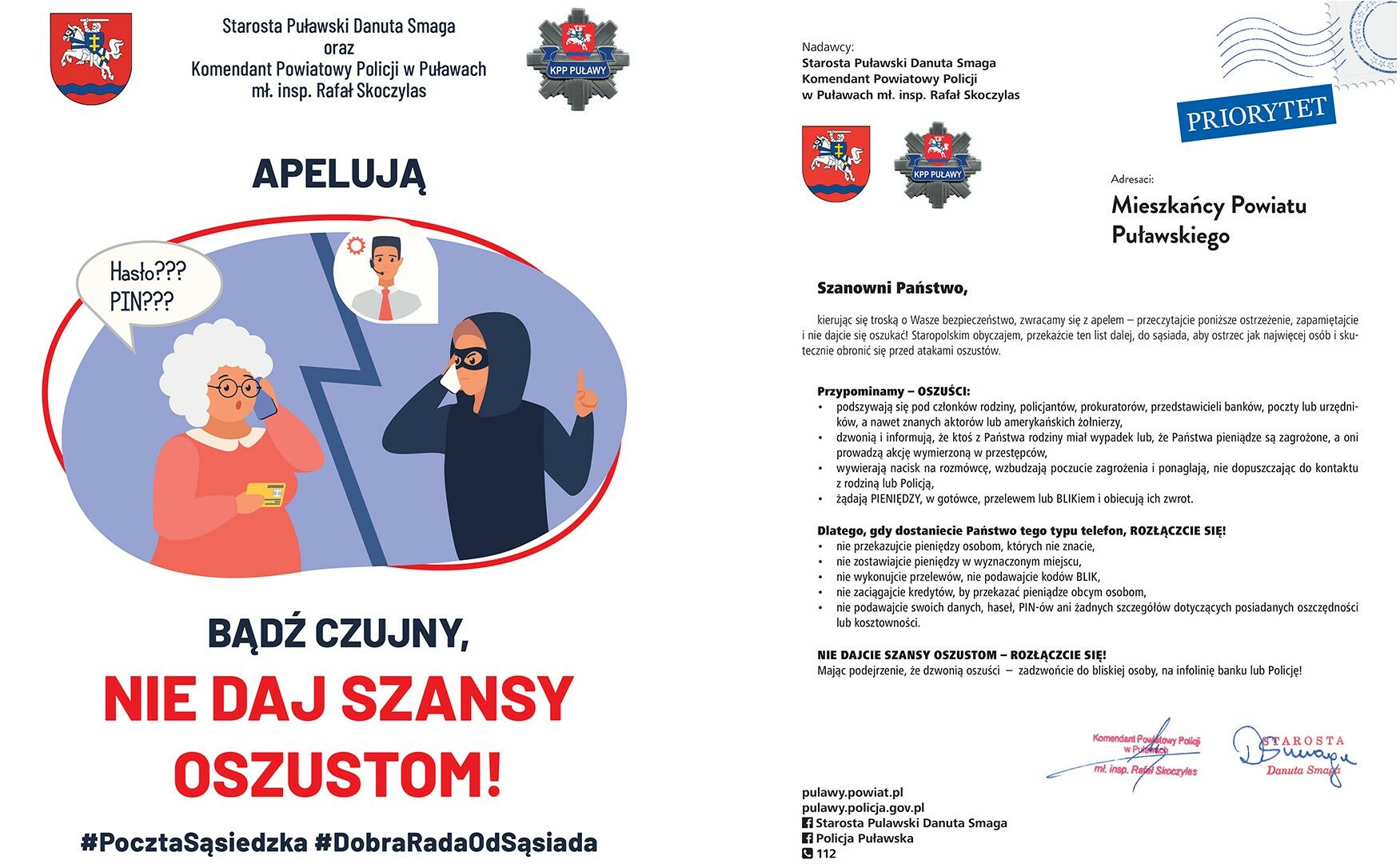 Treść listu starosty puławskiego i komendanta policji dotyczącego ostrzeżenia przeciwko oszustom finansowym