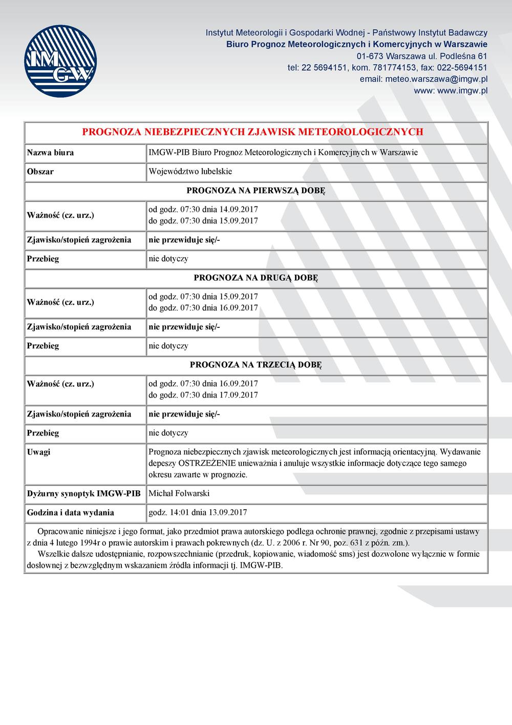 PROGNOZA NIEBEZPIECZNYCH ZJAWISK METEOROLOGICZNYCH  z dn. 13.09.2017 r.